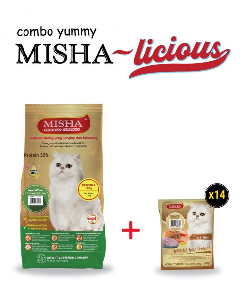 Combo Yummy MISHA-licious (MISHA 1.5kg x 1 + MISHA Pouch Mackerel Salmon 90g x 14)